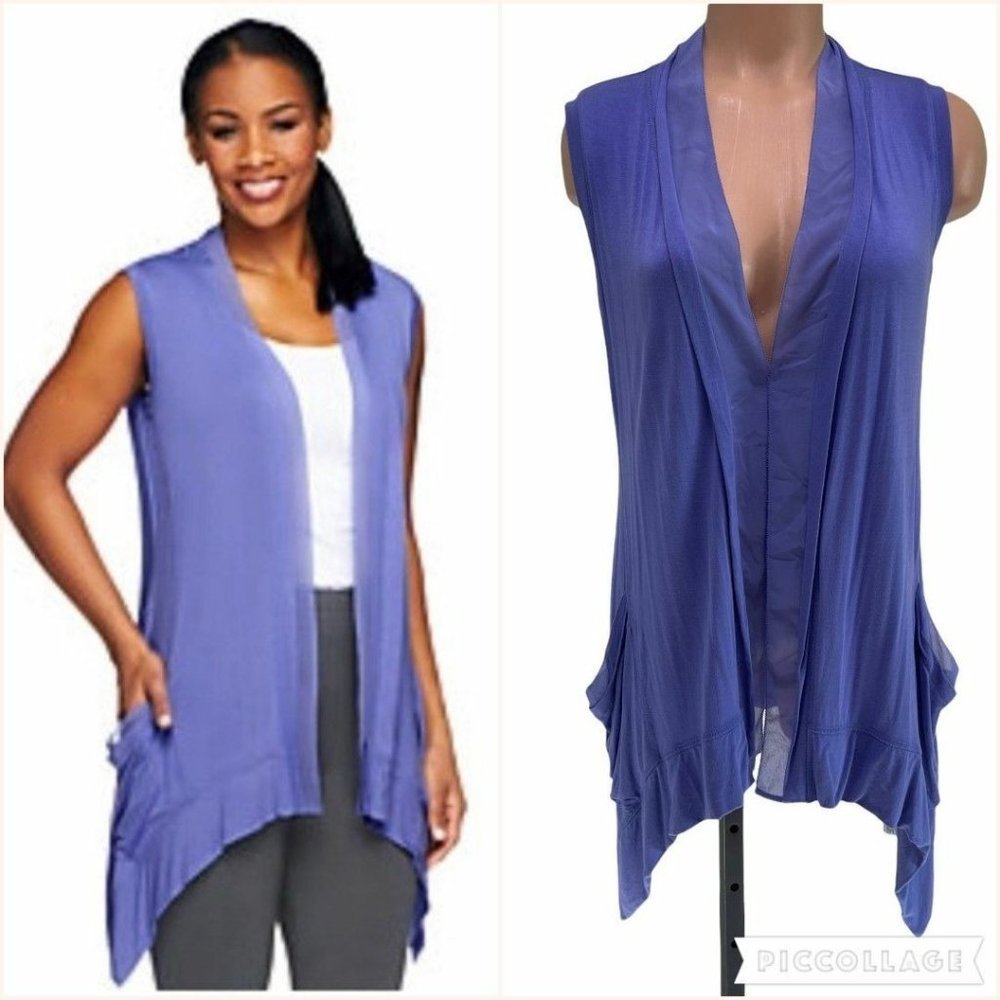 LOGO Lori Goldstein Long Chiffon Trim Cardigan Top XS Purple Oversized Stretch